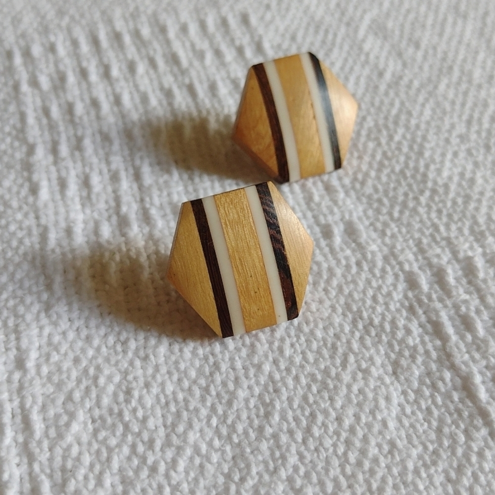 Retro 70's Wood Hexagon Striped Custom Stud Earrings